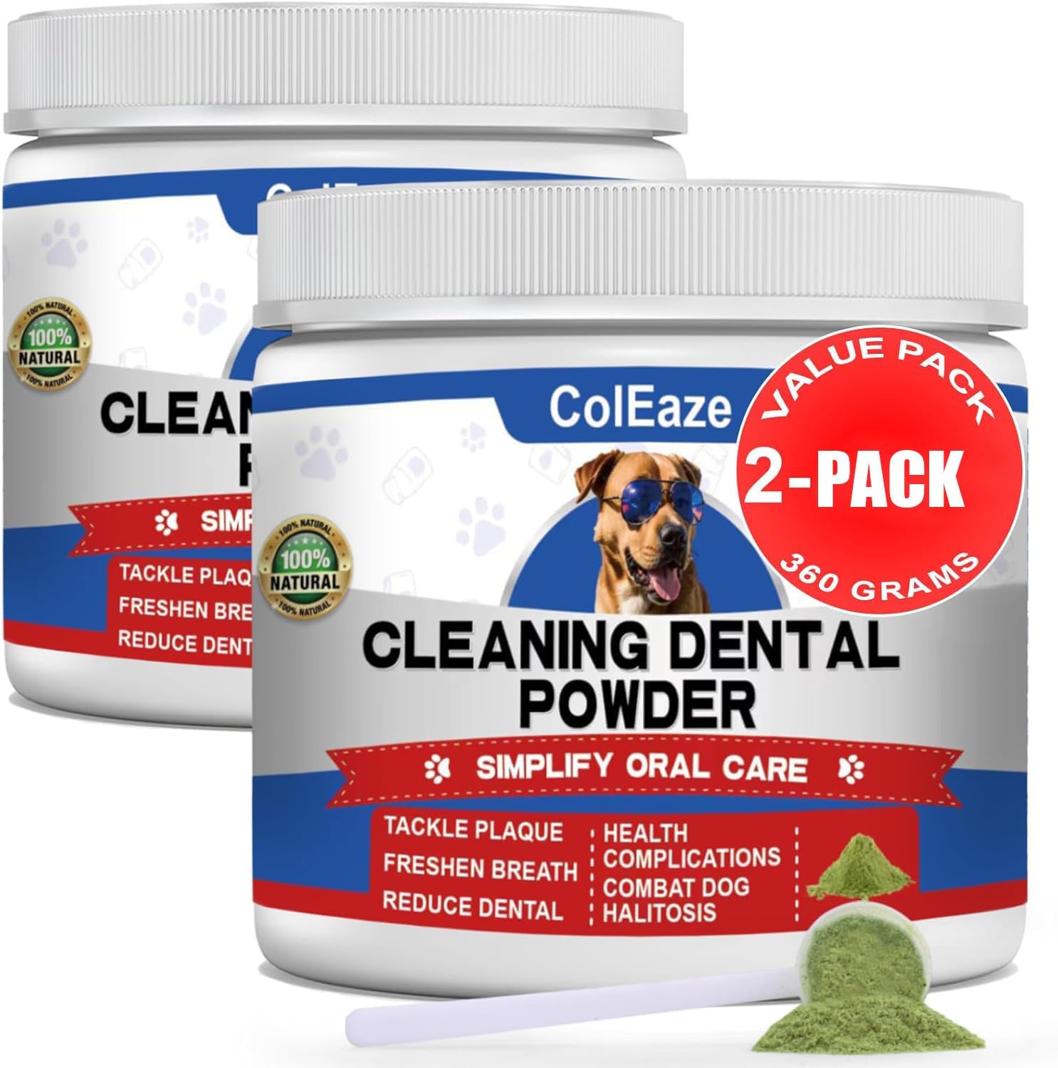 2 Pack Dog Teeth Cleaning Powder, Dog Dental Powder and Breath Freshener, Plaque Off Pet Tooth Cleaning lab co, Bad Breath & Tartar Remover for Dogs, Natural Herbal Blend -All Breeds & Sizes