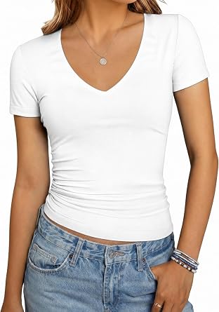 YOGINGO Basic Womens V Neck Short Sleeve T Shirt Slim Fit Tees 2026 Summer Y2k Going Out Fitted Tops Sexy Tight Shirts