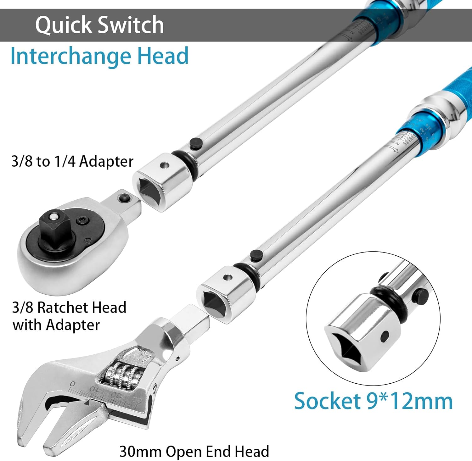 Torque Wrench Adjustable 10-60 N.m, 30mm Open End & 3/8 Drive Ratchet Interchangeable Head for Mini Split HVAC Mechanical Repair