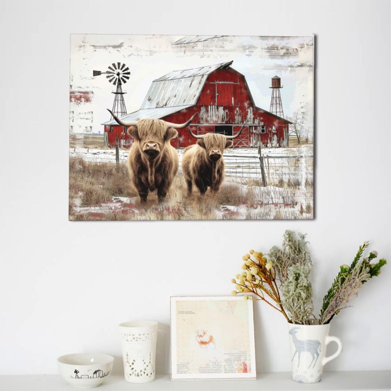 Hochlandkuh Wandbild Hochlandkuh Leinwand Bild 101,6x50,8cm - Rustikale Wandkunst Für Wohnzimmer Bauernhaus Deko