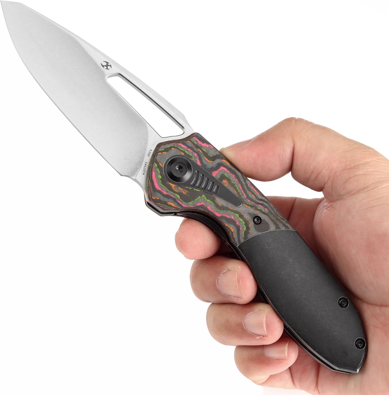 KANSEPT Thoth Camping Pocket Knives for Men 8.05in Folding Knives with 3.43in Stonewashed CPM 20CV Material and Blackwash Titanium + 80S Camo Carbon Handle for Outdoor, Tactical, Survival K1075A1