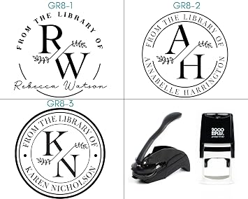 from The Library of | Ex Libris | Floral Book Stamp | Personalized Teacher Stamp | Custom Library Stamper | Monogram Self-Inking Wood Handle Embosser (Monogram 1)