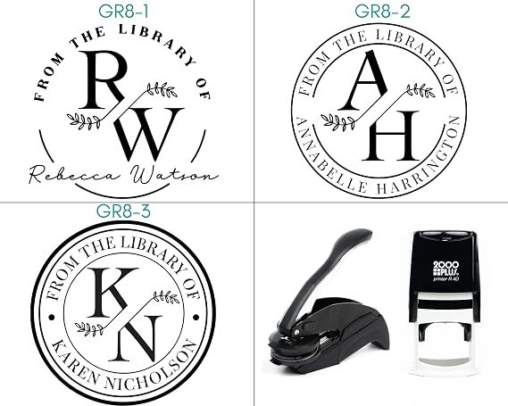 from The Library of | Ex Libris | Floral Book Stamp | Personalized Teacher Stamp | Custom Library Stamper | Monogram Self-Inking Wood Handle Embosser (Monogram 1)