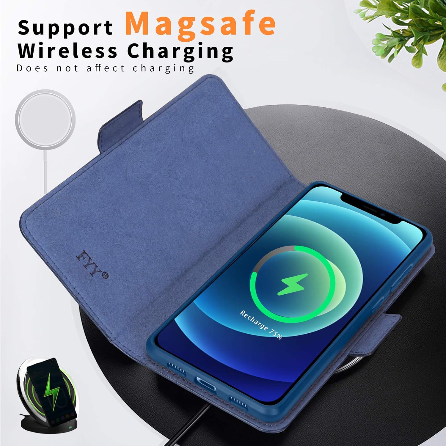 FYY Case Compatible with iPhone 12 Pro Max 5G 6.7", [Support Magsafe Charger] Luxury Leather Wallet Case Flip Folio Cover with [Card Slots] for iPhone 12 Pro Max 5G 6.7" Navy