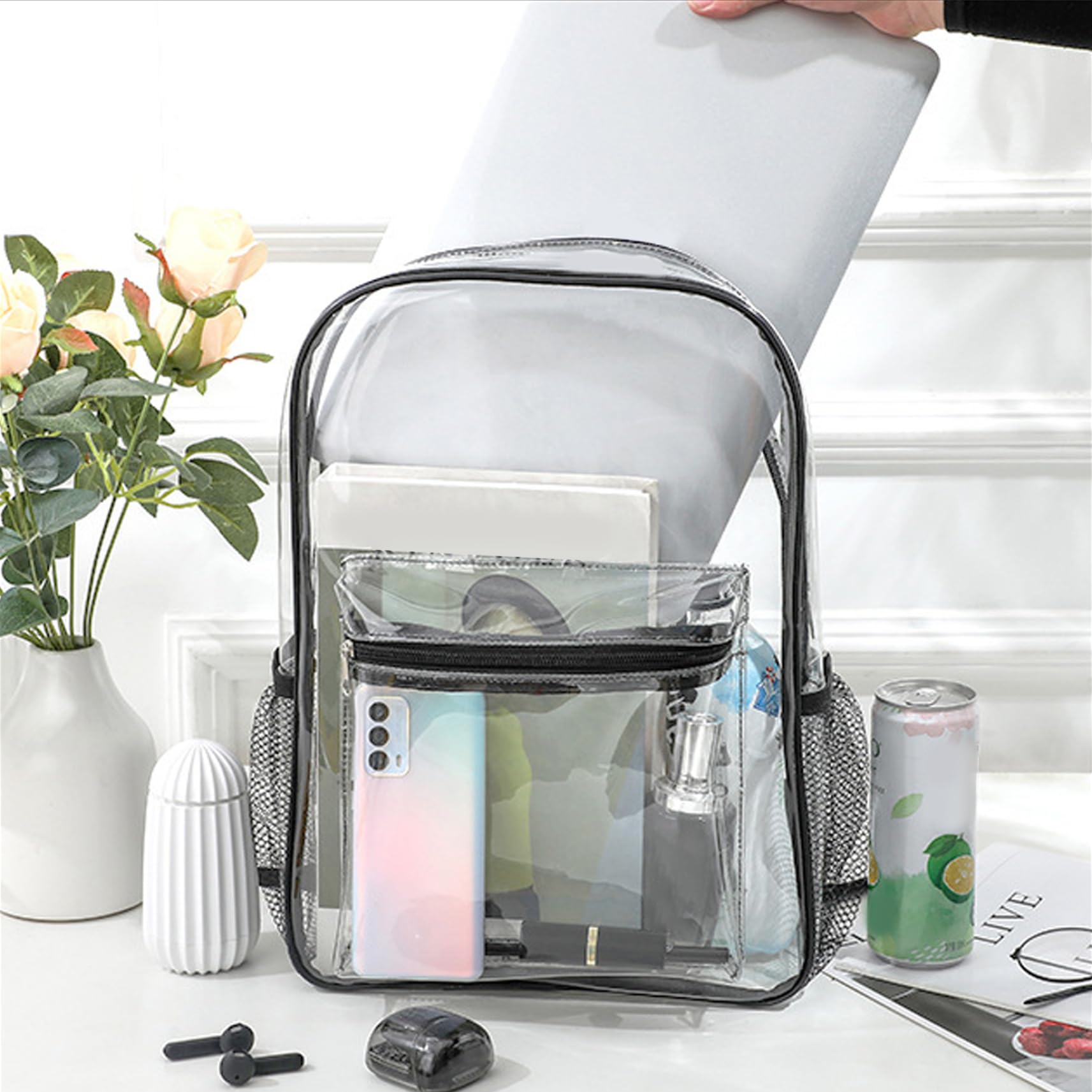 Vedi attraverso lo zaino, chiaro zaino in PVC flessibile PVC Clear Book Bag di grandi capacità, borsa trasparente con cinturini rinforzati zaino trasparente per viaggi di lavoro universitario, nero