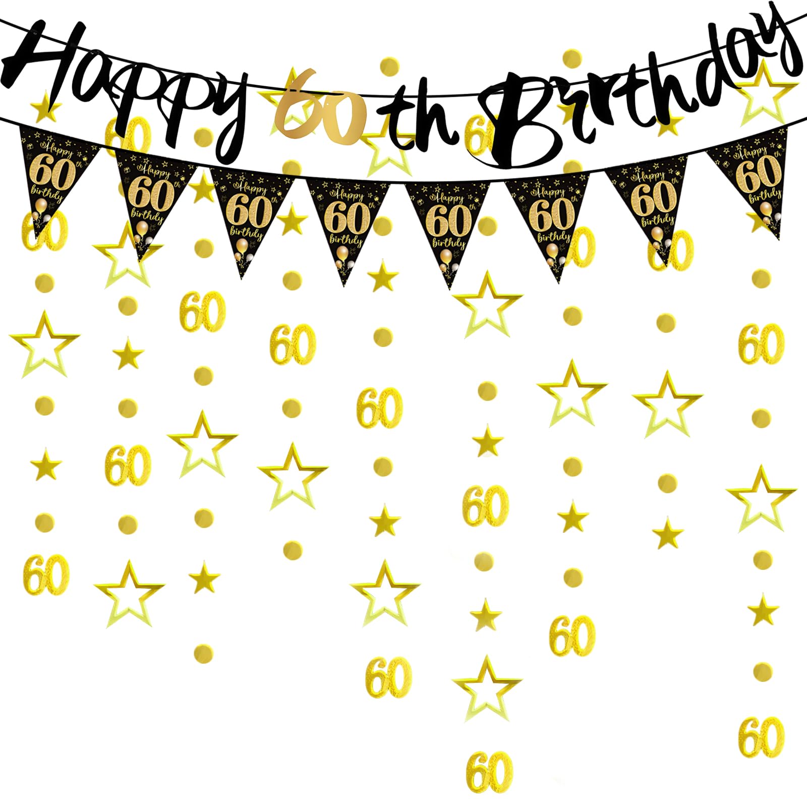 2 Pcs 60th Birthday Decorations Black Gold Banner for Men and Women 3m Hanging Ornaments Durable & Waterproof Happy 60th Birthday Banners Perfect 60 th Party Supplies