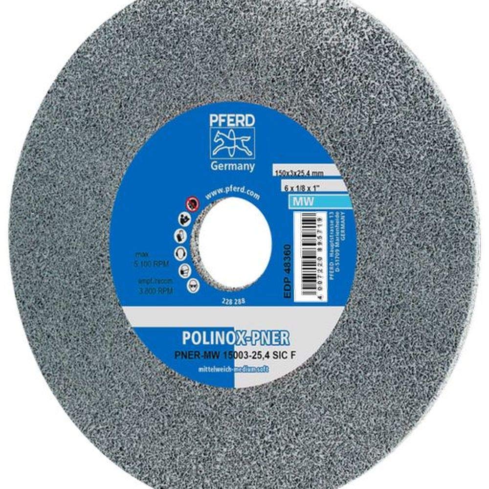 PFERD 48360 POLINOX PNER Unitized Non-Woven Abrasive Wheel, Silicon Carbide, 6" Diameter x 1/8" Width, 1" Arbor Hole, Fine Grit, 5100 RPM