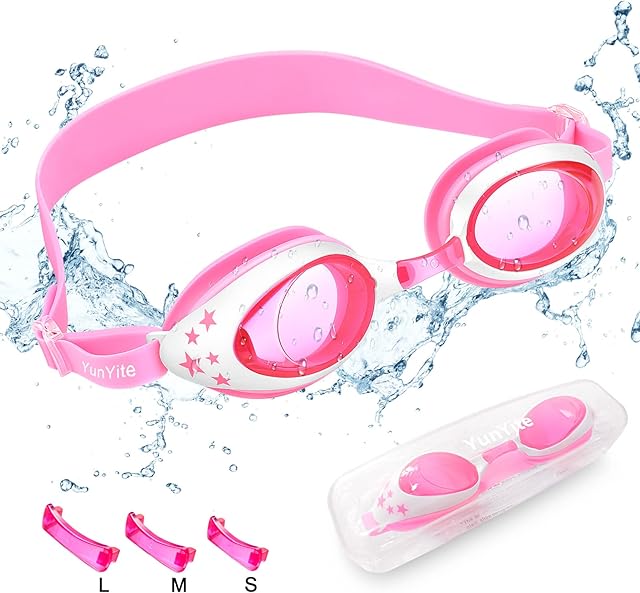 YunYite Swimming Goggles, No Leaking Anti Fog UV Protection Clear Vision Swim Goggles, Quick Adjustable Nose Bridge Soft Silicone Swim Glasses with Storage Case for Junior Children Kids Girls Boys