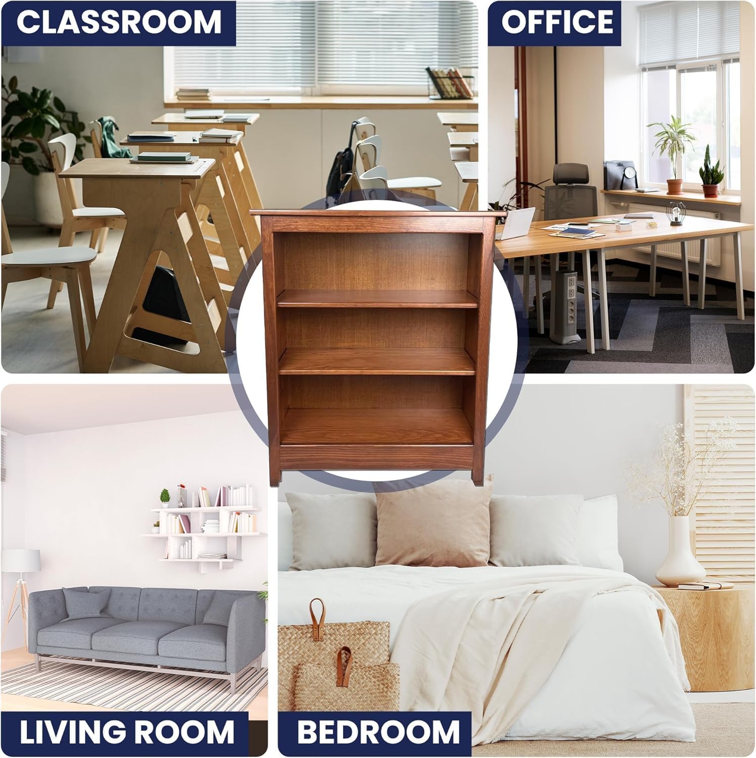 Peaceful Classics 3 Tier Bookcase, Adjustable Wooden Book Shelves for Small Spaces, Classroom, Bedroom, Office - Cherry