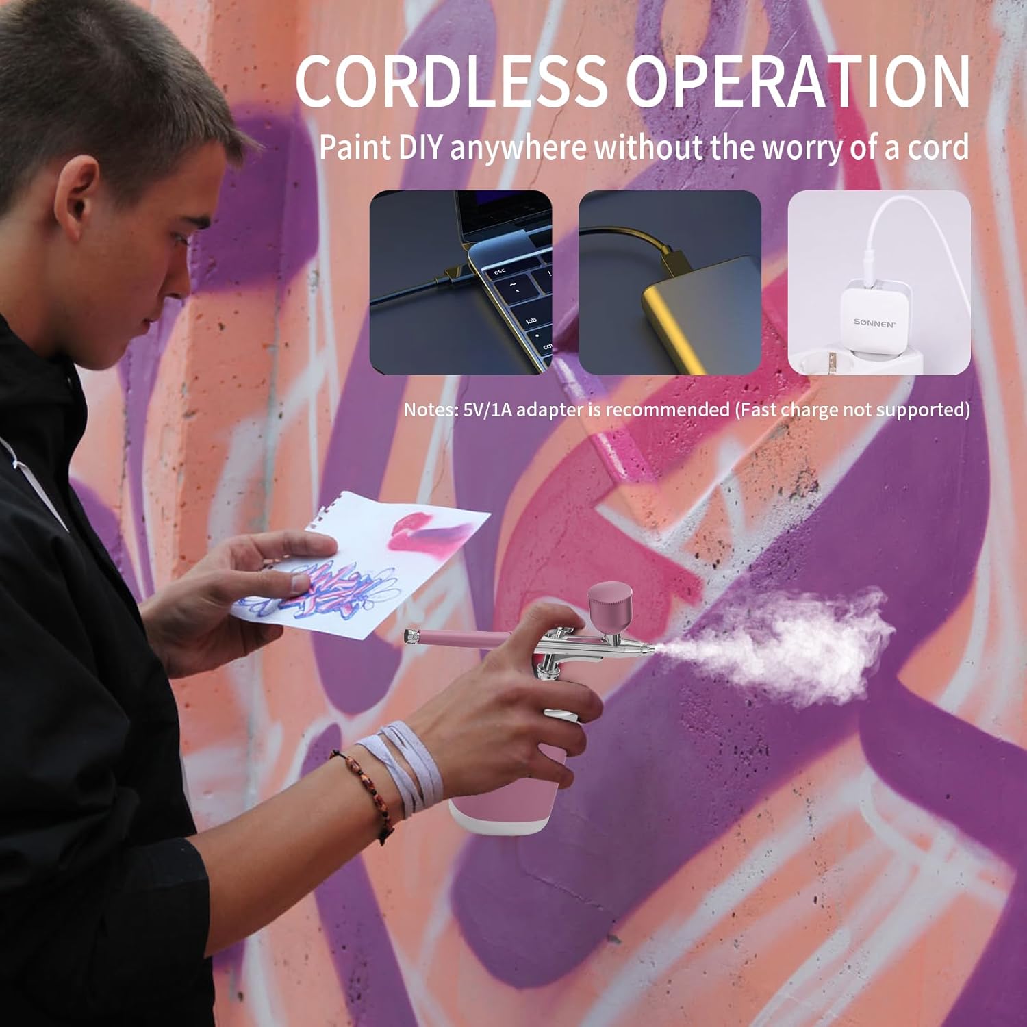 Airbrush Kit 1200ma Airbrush Set with Compressor Portable Airbrush Set for Makeup Cake Decoration Model Painting Nail Art Barber (Pink Single Action)