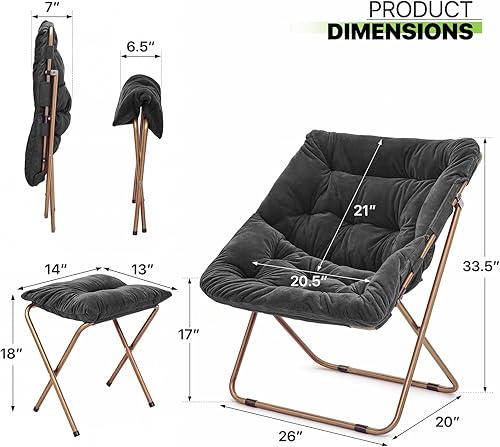 Miniatura 10 de Magshion Silla cuadrada plegable de gran tamaño con platillo de luna para adultos, silla grande y acogedora para dormitorio, color negro, juego de 2