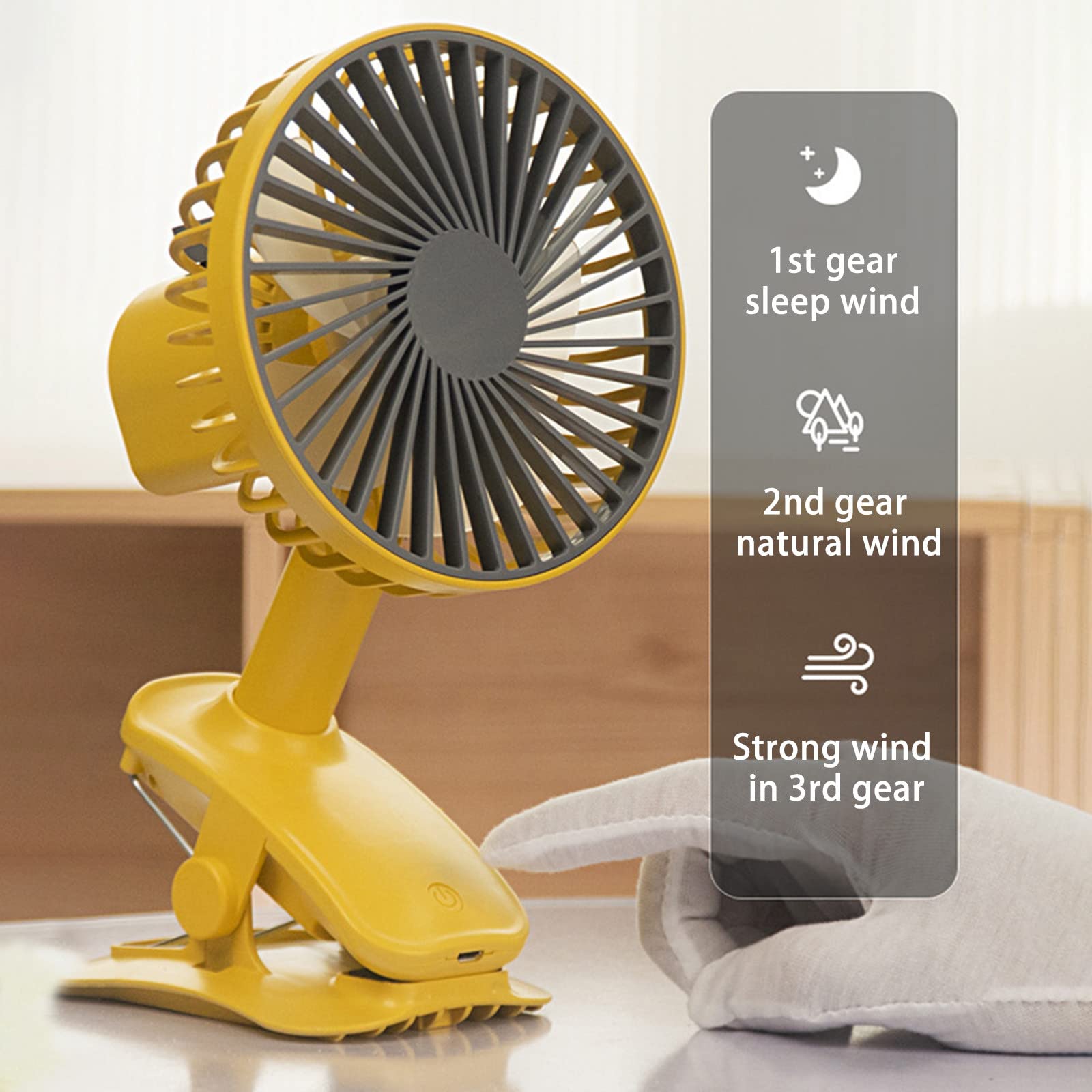 VIVIANYO HD Clip On Desk Fan 3 Speed Rechargeable Battery Powerd USB Desk Fan Baby Stroller Small Clip Fan, Strong Airflow, Adjustable Rotation for Bedroom Office Desktop Treadmill (Yellow)