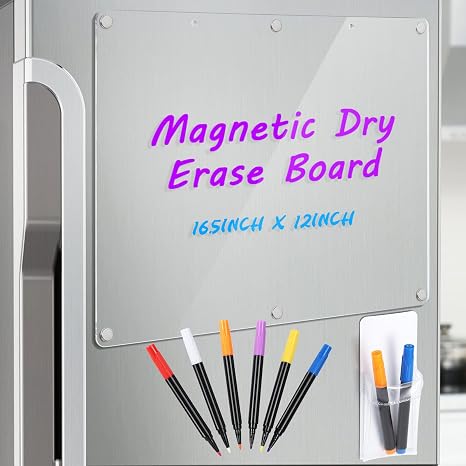 Acrylic Magnetic Dry Erase Board Calendar for Fridge 2 Set, 16.5"x12" Inch Clear Dry Erase Calendar for Refrigerator, Acrylic Planner Calendar Includes 6 Colors Magnetic Dry Erase Markers with Eraser