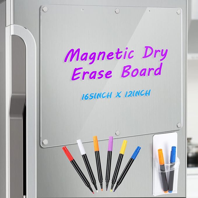 Acrylic Magnetic Dry Erase Board Calendar for Fridge 2 Set, 16.5"x12" Inch Clear Dry Erase Calendar for Refrigerator, Acrylic Planner Calendars Includes 6 Colors Markers with Eraser