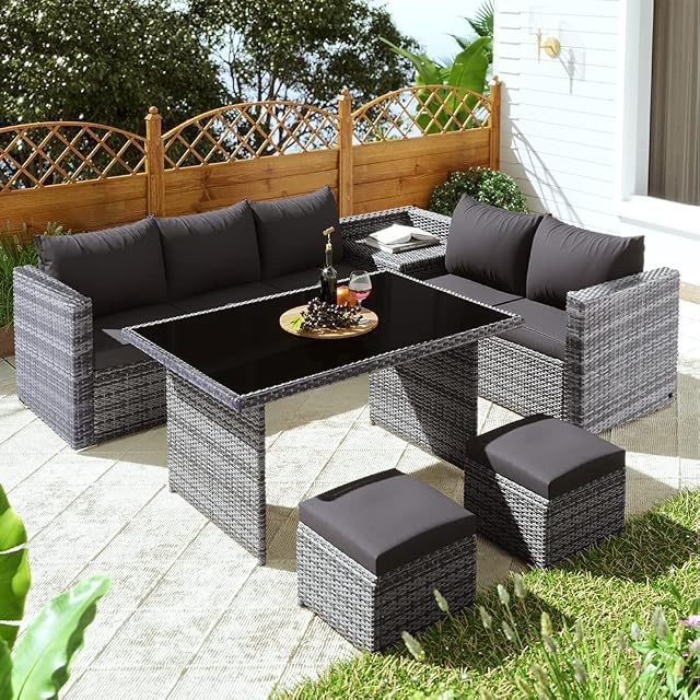 ZCBYBT 7 Seat PE Rattan Garden Terrace Corner Sofa Set, 130 * 70Cm Dining Table with Glass Top, Greenhouse Furniture Set with Cushion Side Storage Table