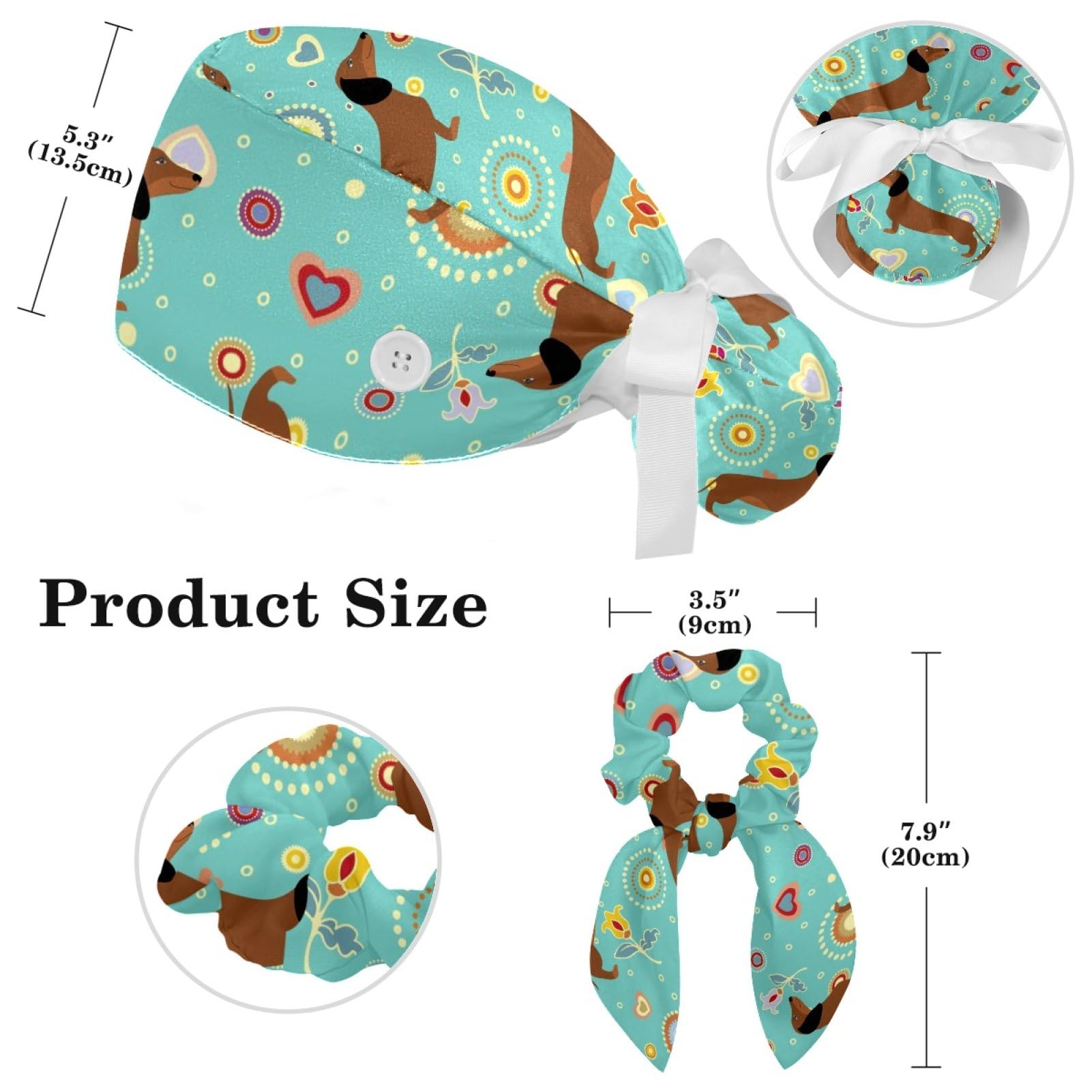 Dachshunds Pattern Scrub Caps with Bow Hair Scrunchy, Working Cap Head Cover for Women Long Hair