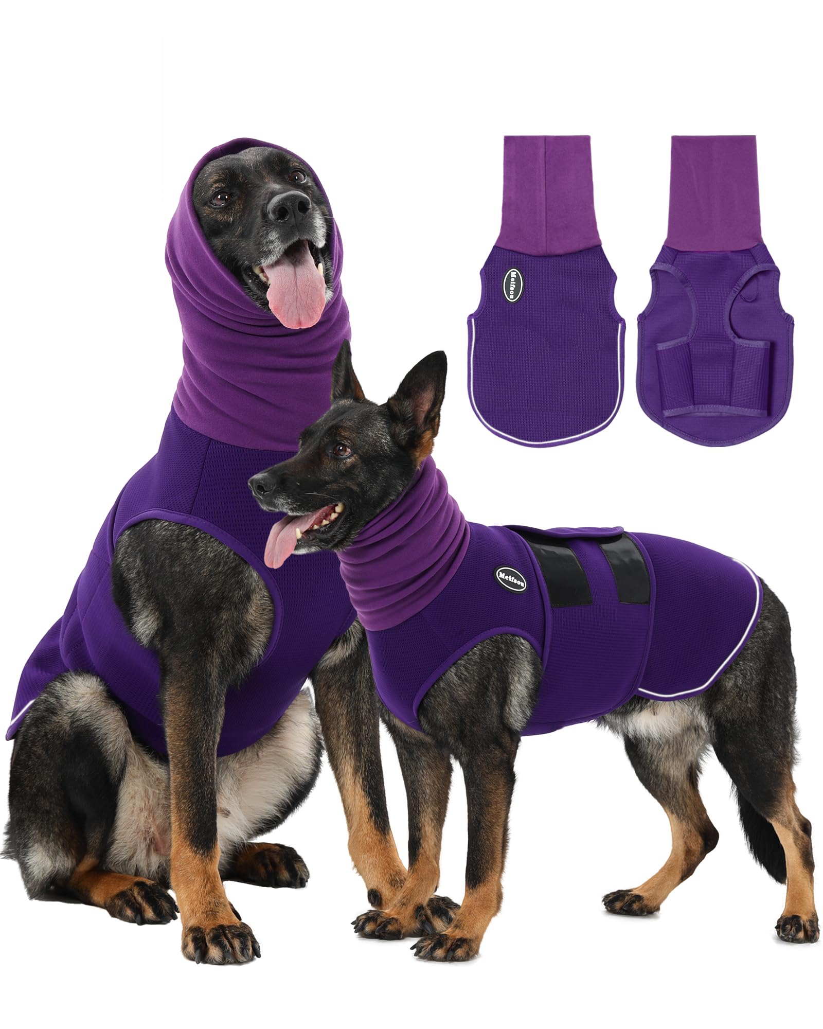 Meifsou Chaleco de ansiedad para perros con capucha, chaqueta de trueno respetuosa con la piel para perros, camisa calmante 2 en 1 con capucha para truenos, fuegos artificiales, separación, mantén a