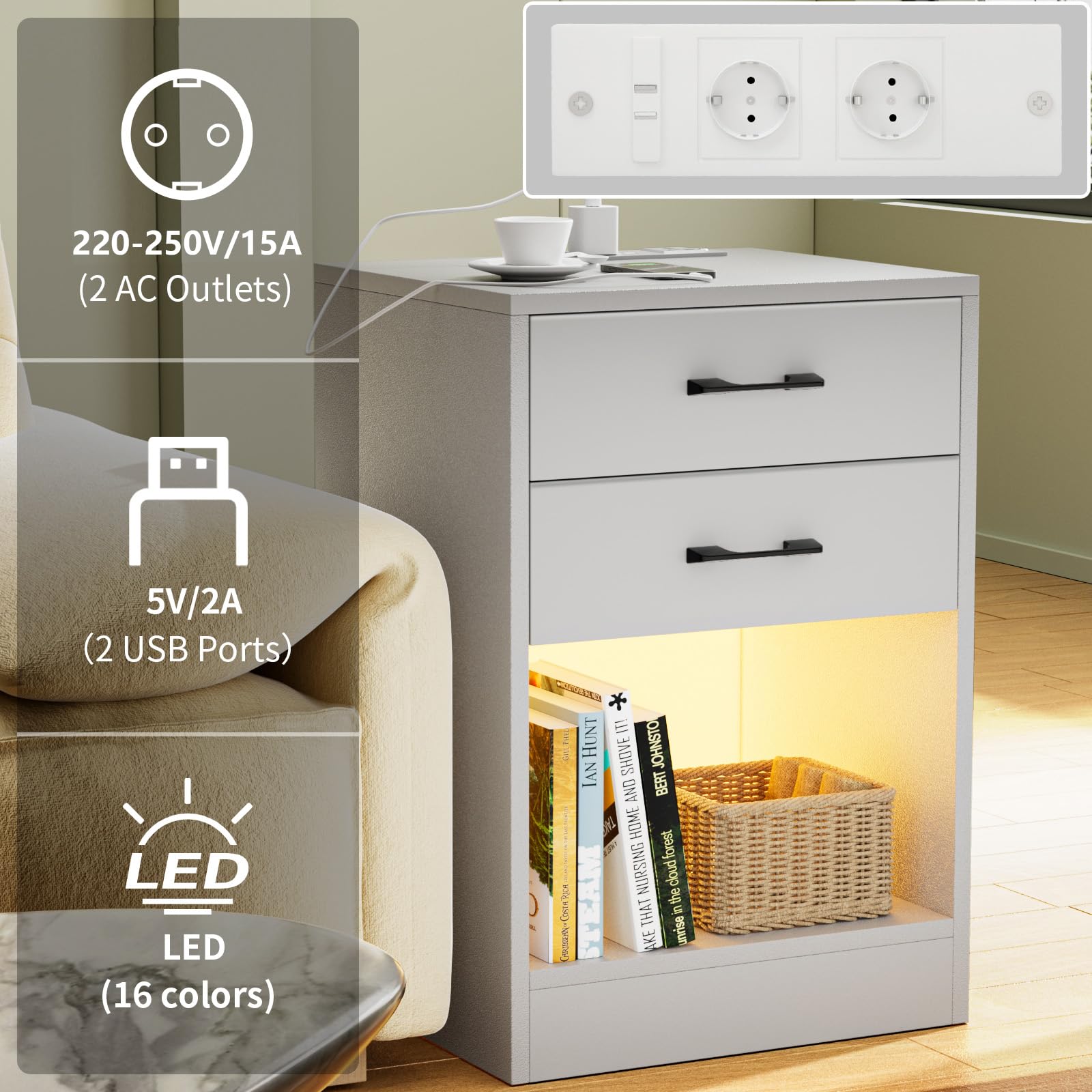 Comodino Con Luci LED E Ricarica USB - 2 Cassetti - Bianco - Per Camera Da Letto - Foto 6