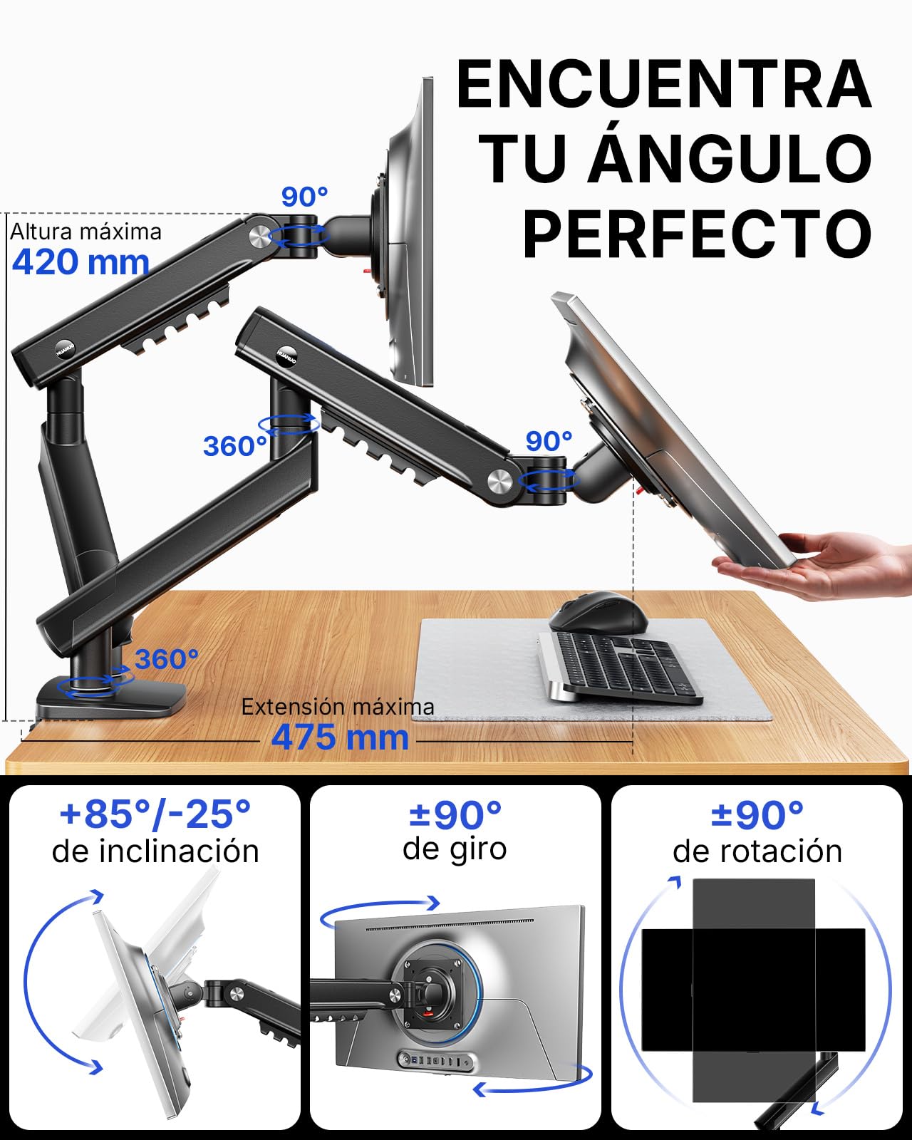 HUANUO Soporte Monitor Doble para Pantallas de 13 a 32" (máx. 9 kg), FlowLift Pro Brazo Monitor, MechaSpring con Inclinación/Giro/Rotación, Montaje VESA sin Herramientas, Montaje por Mordaza-C u Ojal