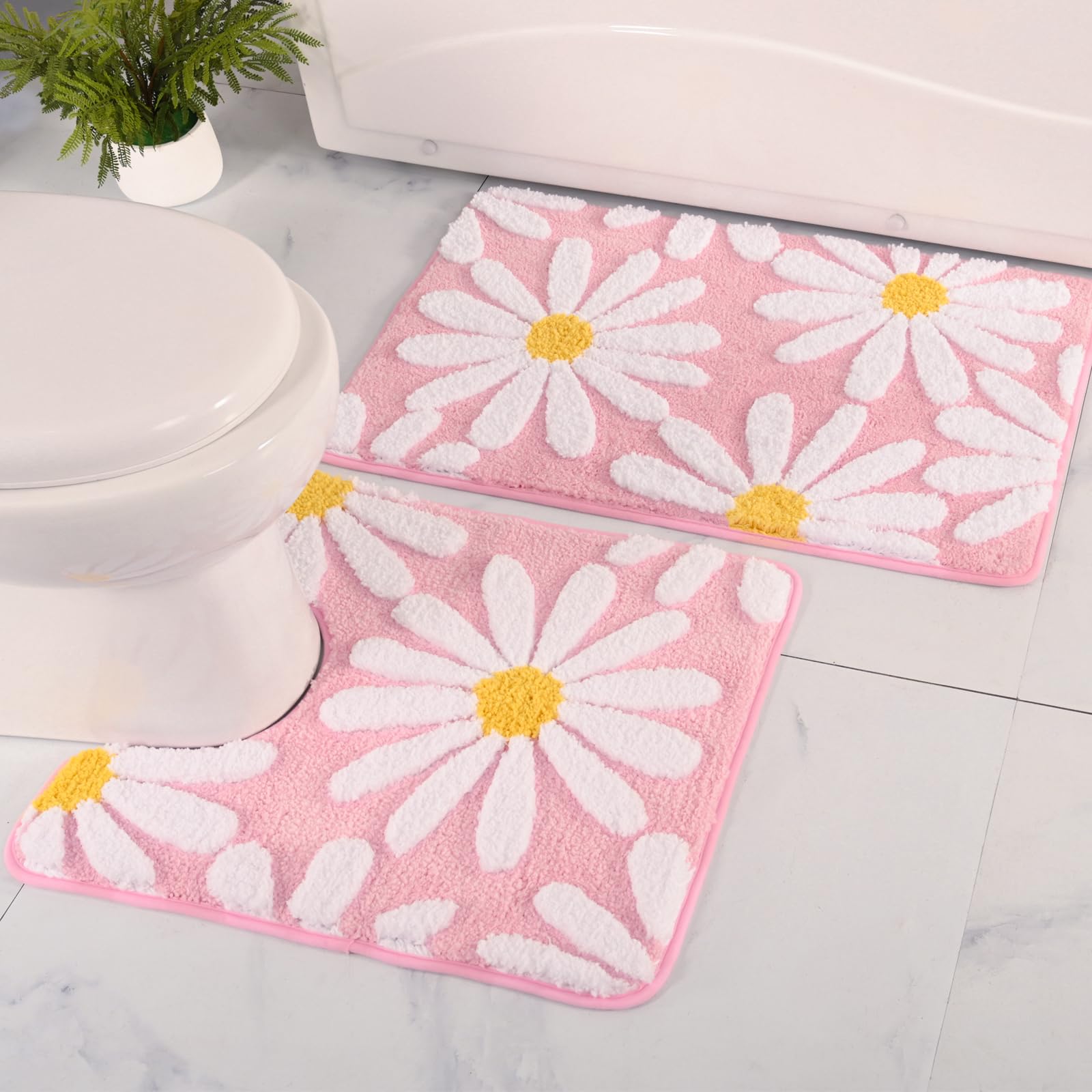 QJHOMO Bathroom Rugs Sets 2 Piece, Cute Daisy Bath Mat Pink Toilet Rug U Shaped, Flower Deocr Bathroom Set Non Slip Contour Bathmat, Super Absorbent Microfber Floor Mats Machine Washable Carpets โ image 1