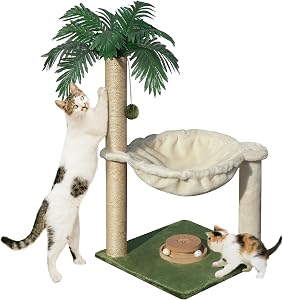 Fantasreen Cat Scratching Post for Indoor Cats 30 Inches Large Square Cat Scratcher with Hammock Wooden Interactive Trackball Toy for Kitten and Adults Cats