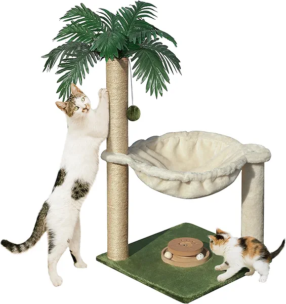 Fantasreen Cat Scratching Post 28 Inches Small Cat Tree Tower with Hammock, Cat Toy Wooden Interactive Condo for Kitten and Adults Cat