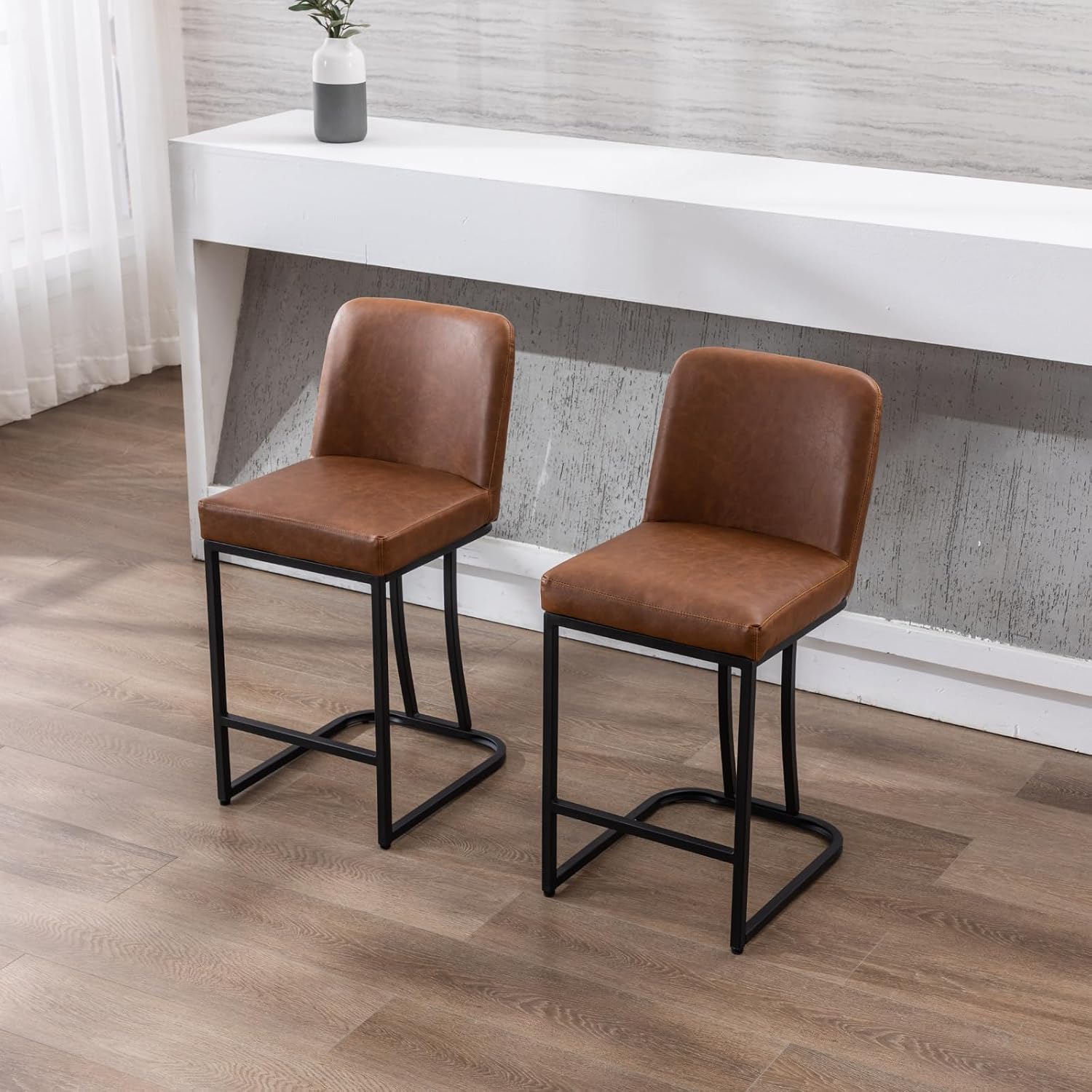 RIVOVA Bar Stools Set of 4, 24" Counter Height Barstools with Back, Modern PU Leather Bar Stool for Kitchen Island, Upholstered Pub Stools with Footrest, Armless Kitchen Chairs for Pub, Brown