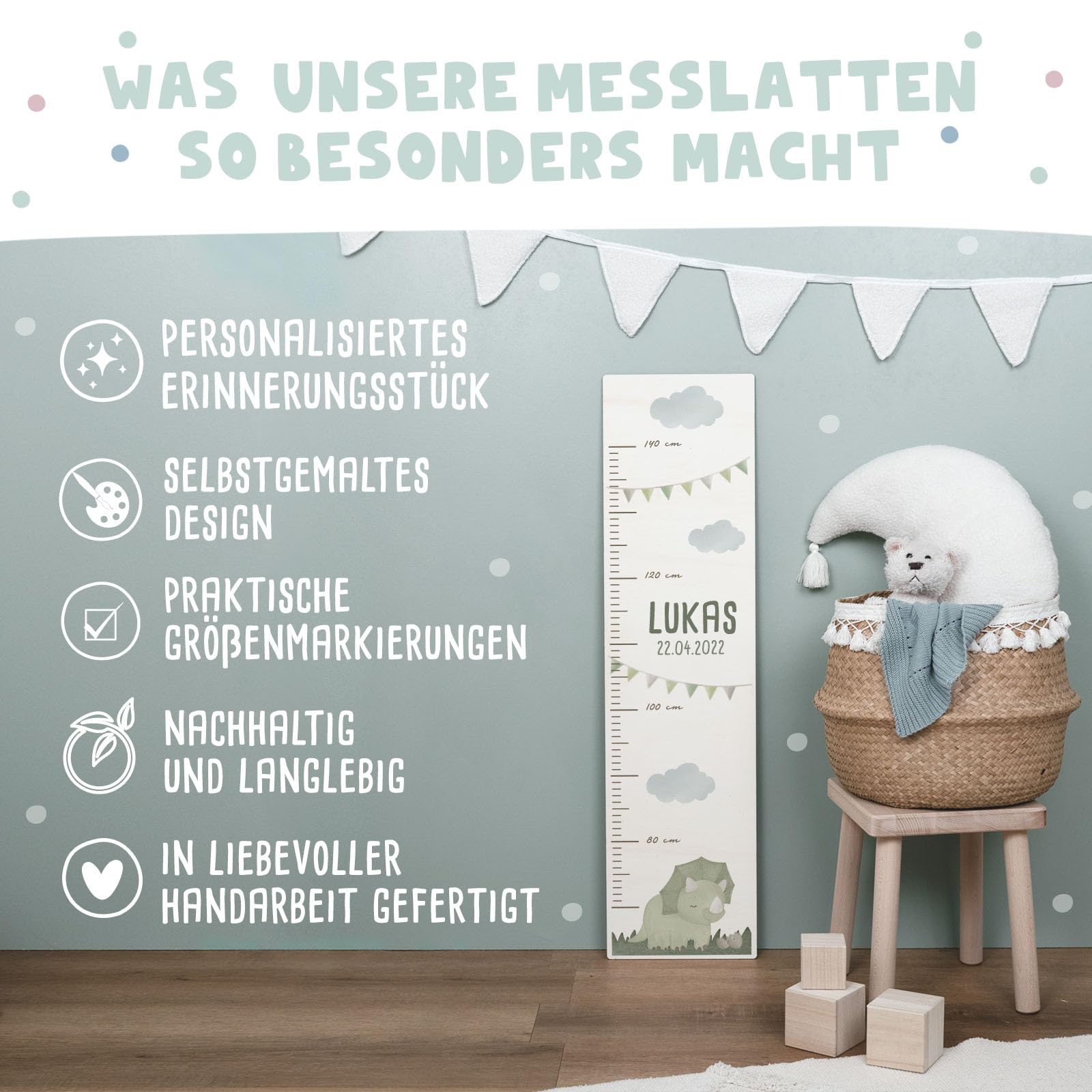 Personalisierte Messlatte für Kinder mit buntem Wunschdruck - 70-140 cm - Größenmesser Kinderzimmer aus Holz - Wand Dekoration Messleiste Kind - Personalisiertes Geschenk Baby (Grüner Dino)
