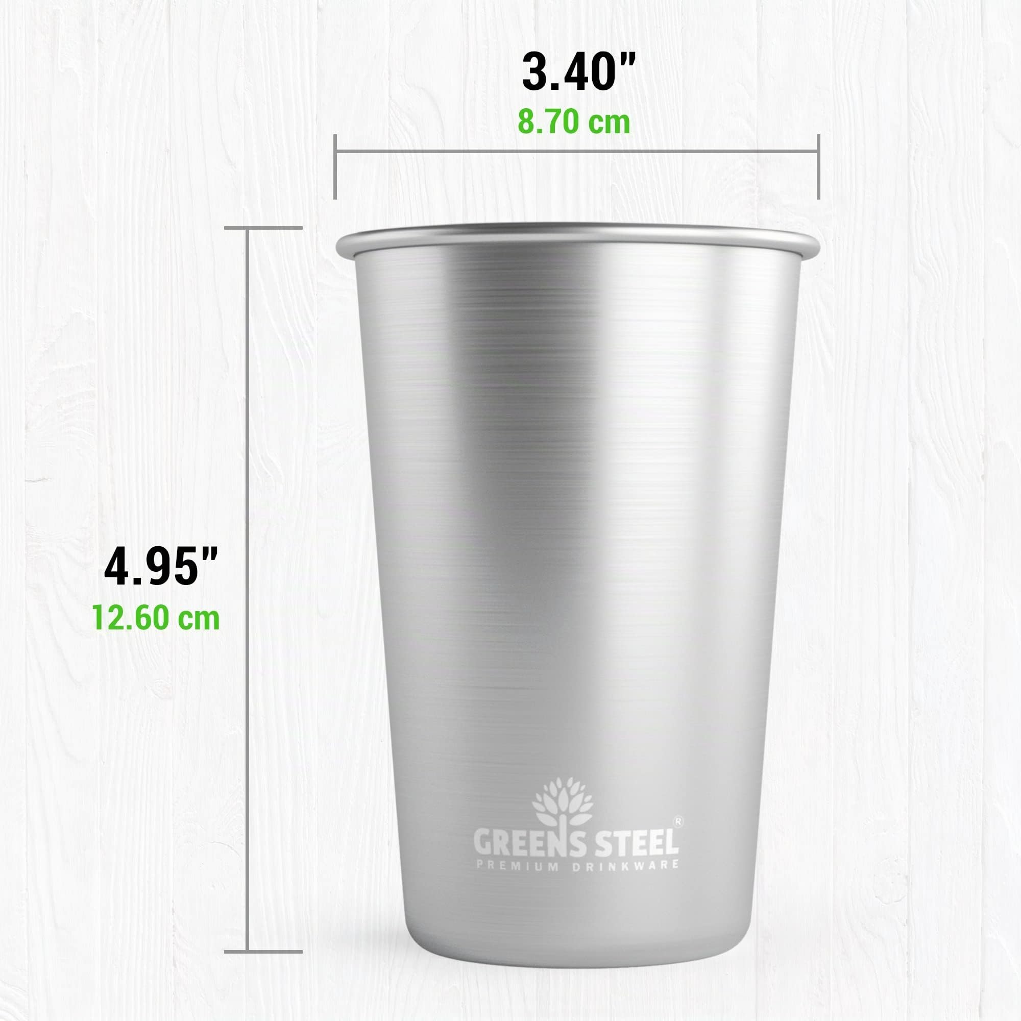Greens Steel Gobelet en Acier Inoxydable Premium #1, 475ml, Gobelet Inox Enfant et Adulte (Lot de 4) - Verres en Métal Premium - Tasse Empilable, Durable