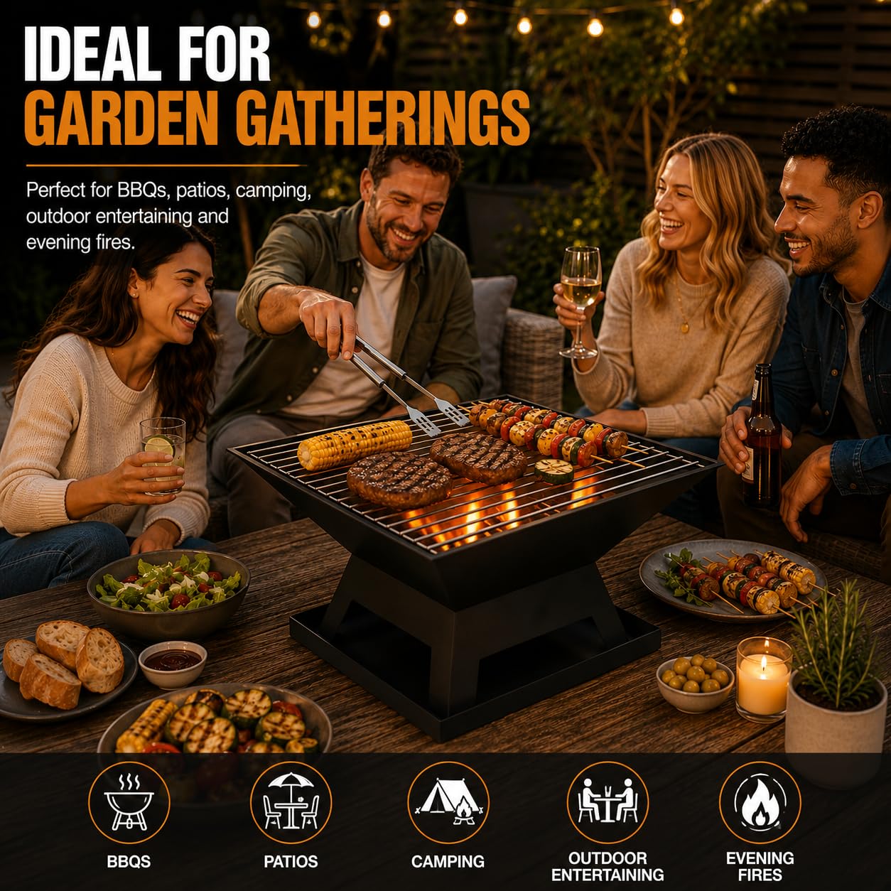 garden mile® Foyer carré avec grille de barbecue et tisonnier - Chauffage de jardin en métal - Noir - Barbecue - Décoration de terrasse - Foyer portable - Couvercle en maille