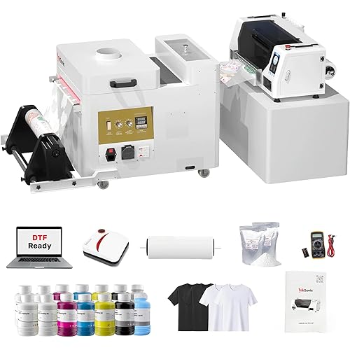 InkSonic Dual XP600 DTF Printer Bundles, Direct to Film Transfer for Custom Printing, 2 Heads XP600 DTF Printer Machine with Powder Shaker & Dryer, 13'' T-Shirt Maker, Automatic Maintenance and Curing
