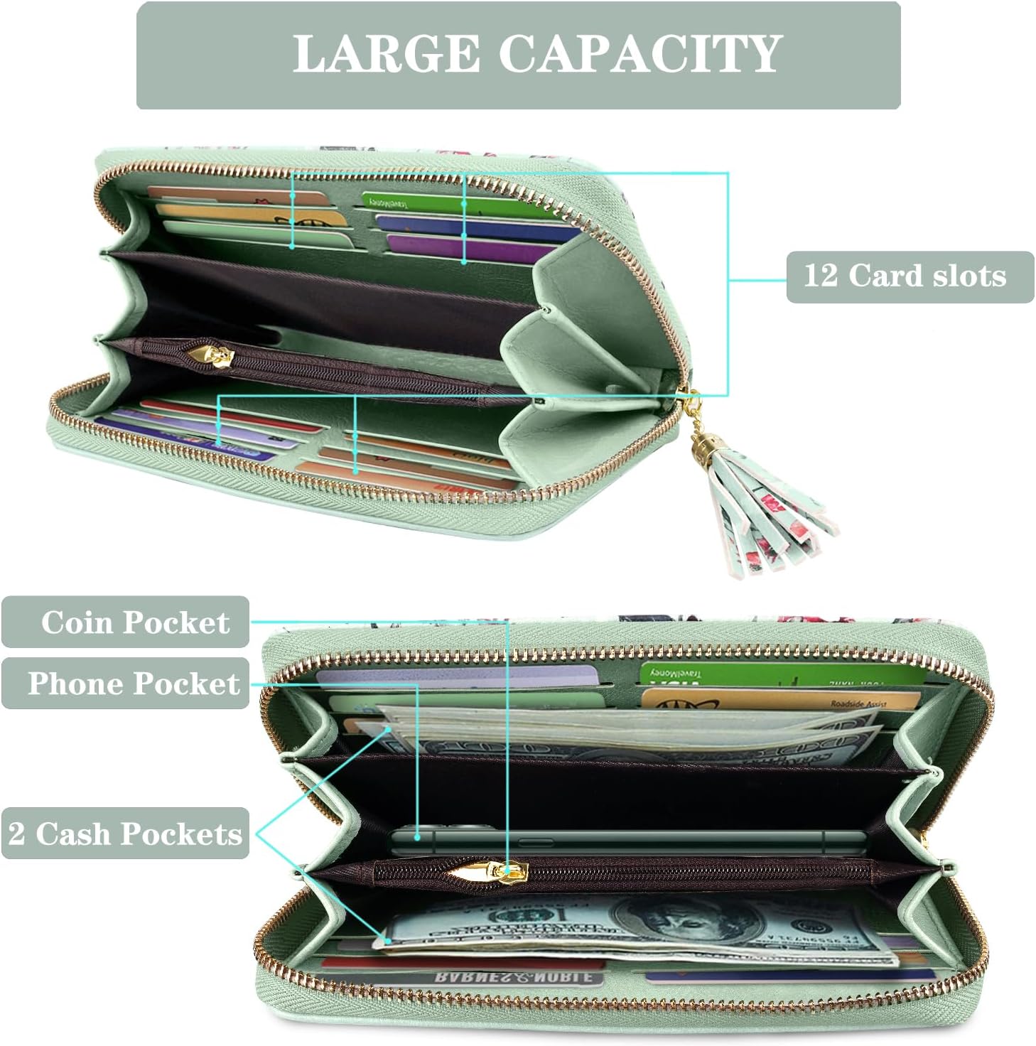 Women Wallets Multi Card Case Wallet Clutch Wallet Card Holder Organizer Ladies Purse Tassel Wrist strap Purse,Green Flowers - Image 2