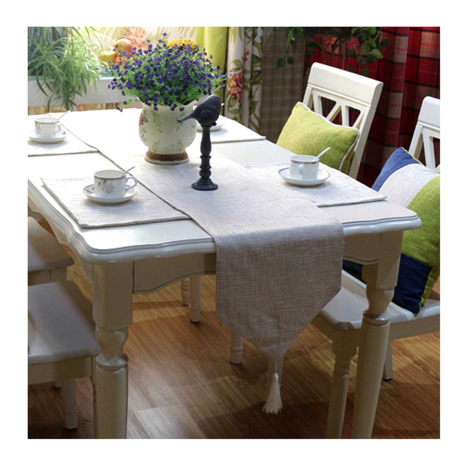 Chemin de table de qualité supérieure en lin gris avec pompons - 6