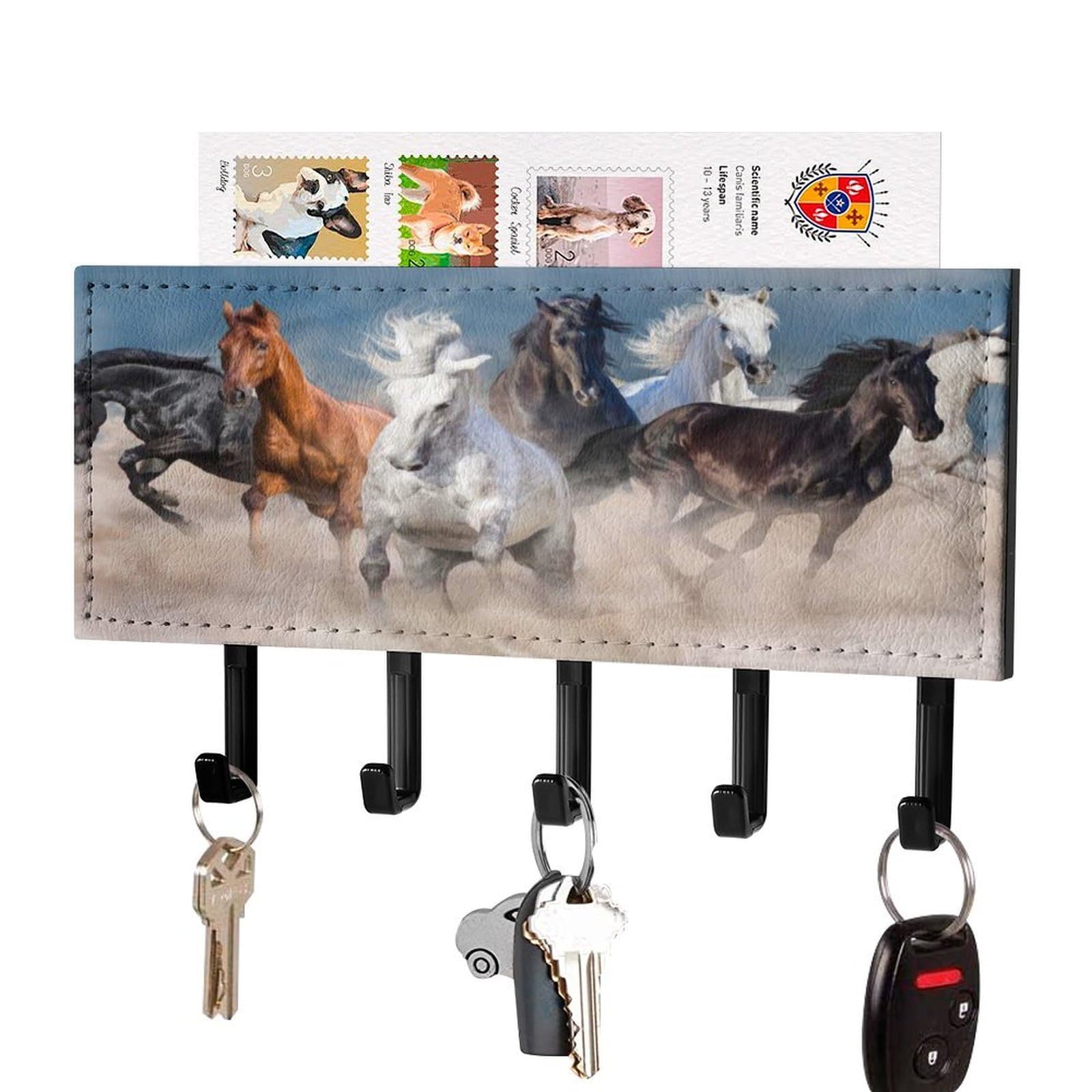 NCLQVJXZKHW Horse Herd Run in Desert Storm Key Holder with 5 Hooks Key Hooks Wall Mounted Key Racks Key Hanger Organiser Shelf