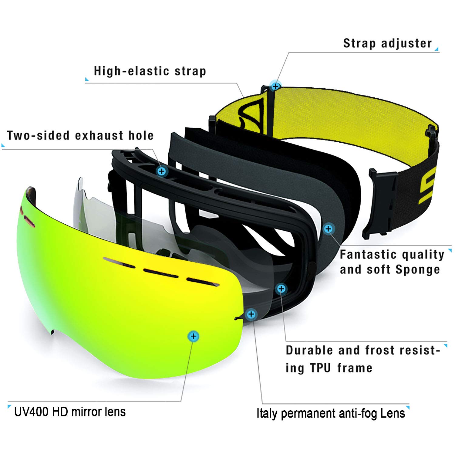 SPOSUNE Lunettes de ski avec double lentille sphérique anti-buée interchangeable, protection 100 % UV400, pour homme, femme, jeune, compatible avec les casques, anti-reflets, résistant aux chocs
