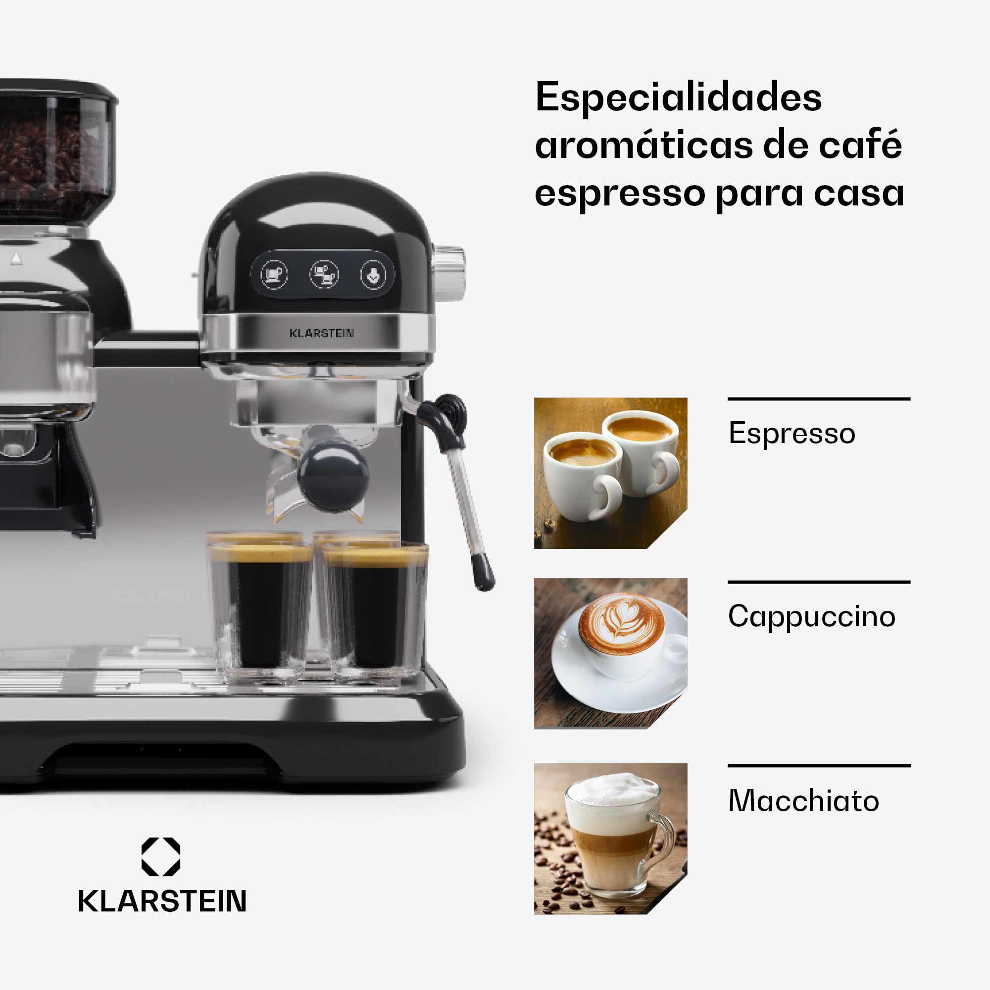 KLARSTEIN Cafetera Expresso Automatica con Espumador de Leche, Cafetera Espresso 1.4 l. Cafeteras, Pequeña de Acero Inoxidable 1550W para Capuccino, Cafetera Automatica, Maquina de Cafe