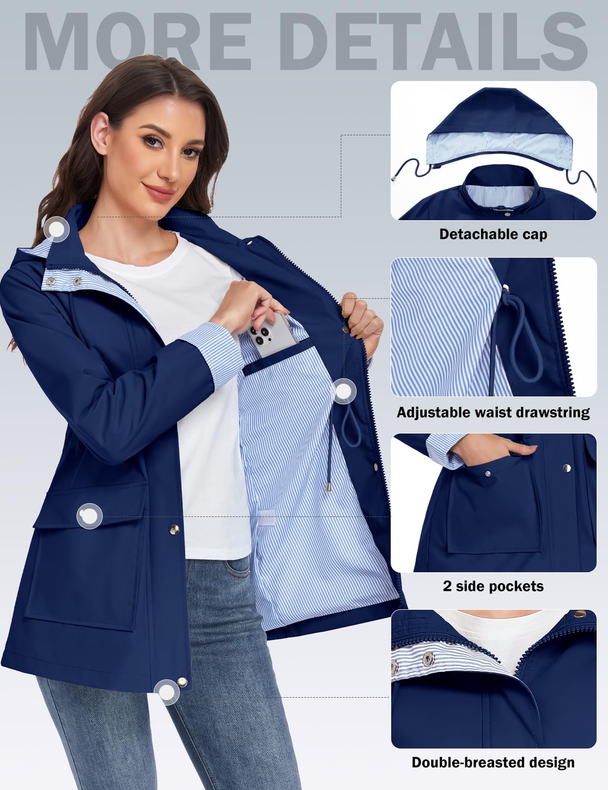 CMTOP Chubasquero Mujer Impermeable Chaqueta Largo Ligera Abrigo Transpirable Cortaviento con Capucha Parkas Casual Cremallera Raincoat Primavera Otoño para Exteriores