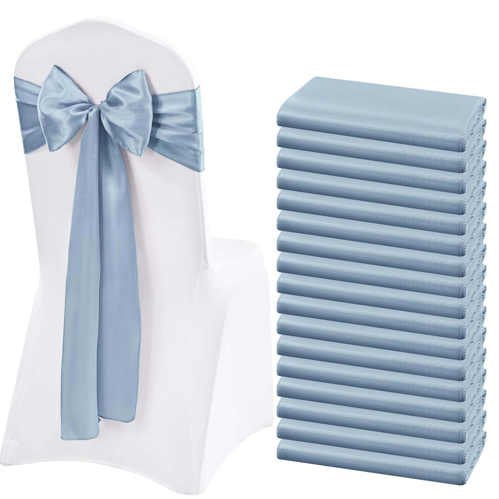 Lykoow 60 Pcs Satin Chair Sashes Dusty Blue Satin Chair Sashes Chair Decorative for Wedding Reception Party Hotel Home Kitchen Decoration(Dusty Blue,108inch) — image 1