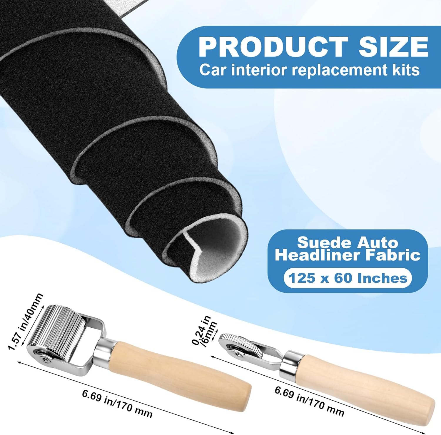 Black Suede Headliner Fabric 125" L x 60" W with Foam Backing, with Seam Roller Tool, Auto Roof Liner Replacement Material for Car/Truck/SUV/RV