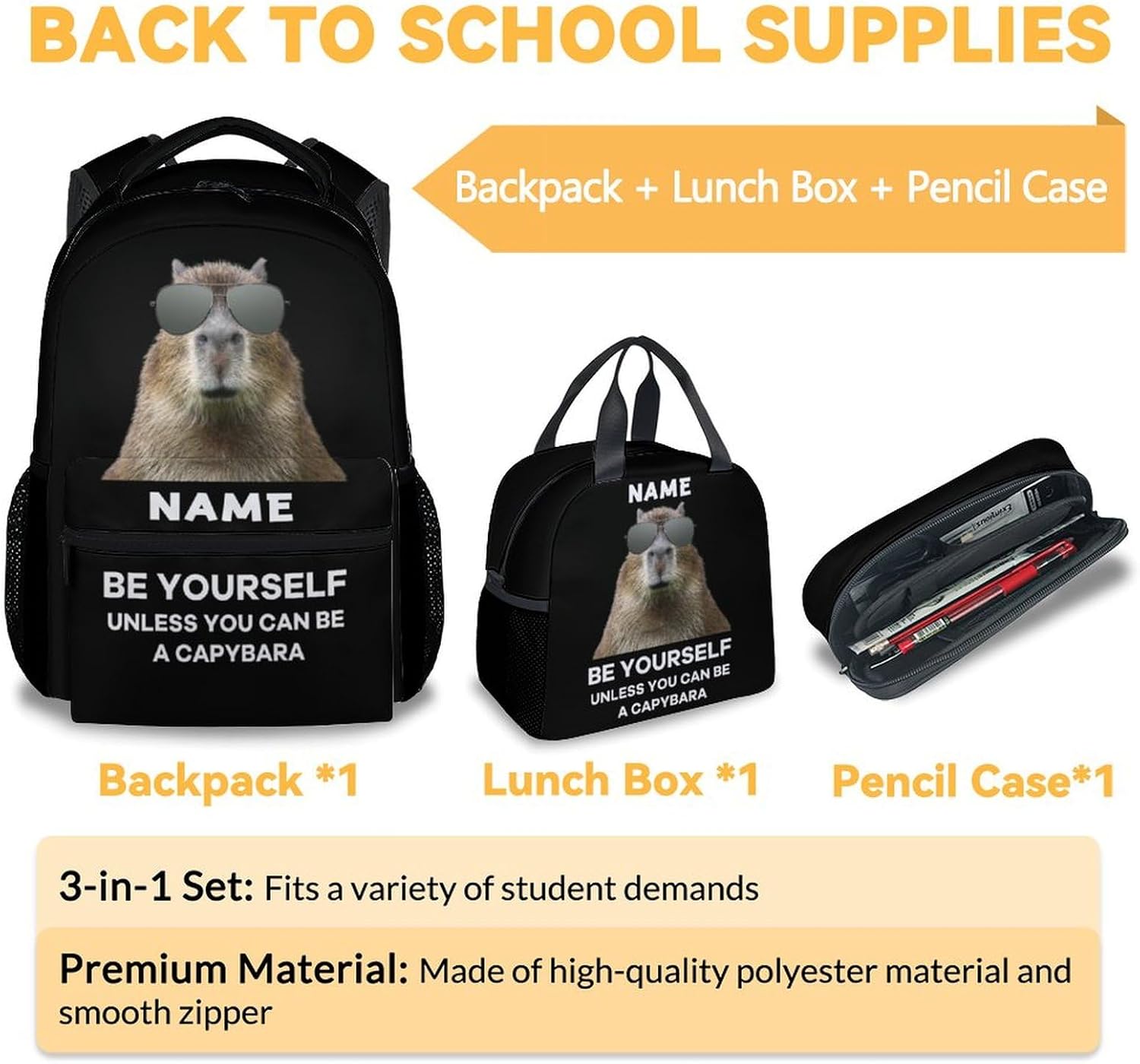 Custom Backpack with Lunch Box, Set of 3 School Backpacks Matching Combo, Personalized Funny Black Bookbag and Pencil Case Bundle