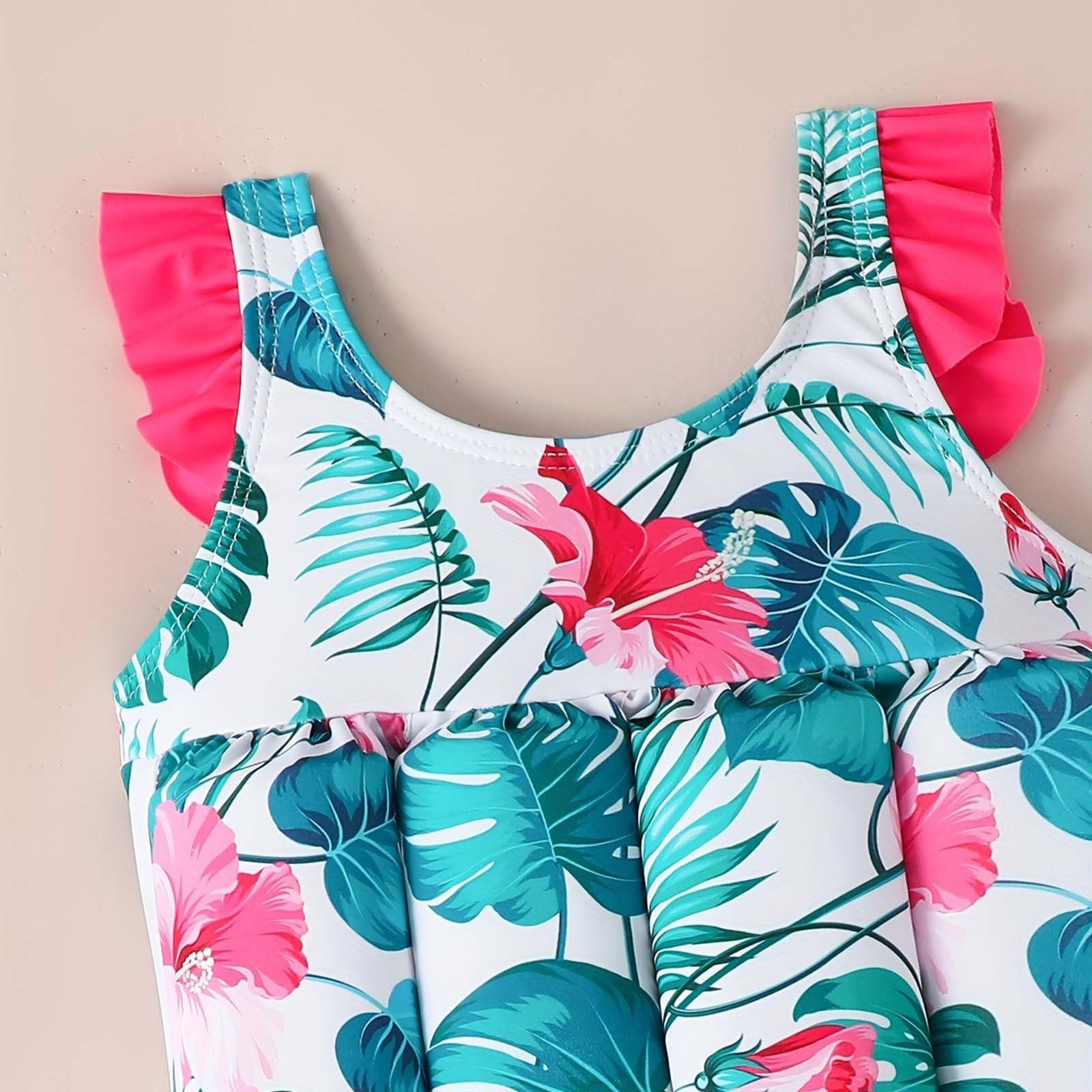 Générique Maillot de Bain Flottant Enfant Fille Imprimé à Manches Courtes Costume de Bain Piscine Plage Maillot Flottante Bouée Intégré avec des Bâtons de Flottabilité pour Natation Débutant Training