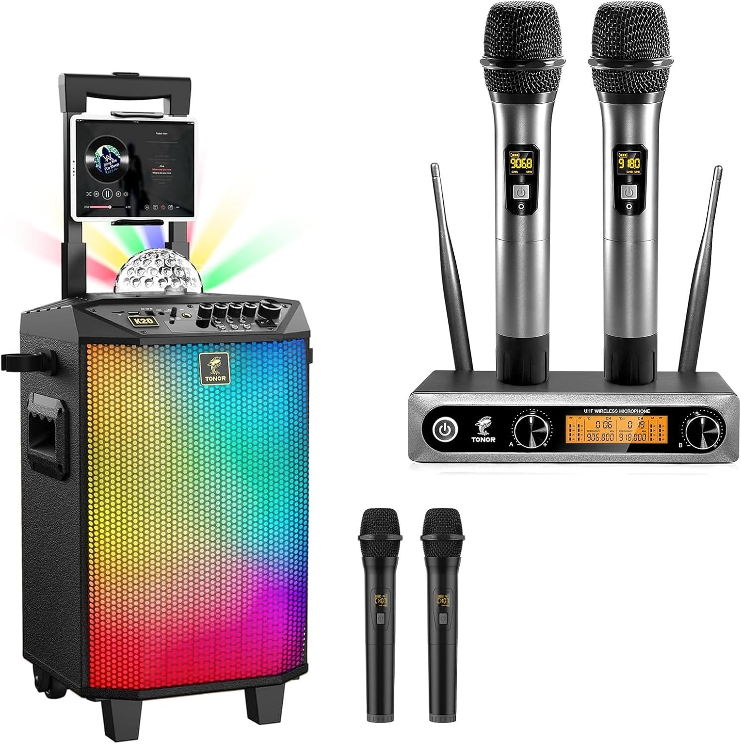 TONOR TW820 Wireless Microphone System and Karaoke Machine for Adults K20, Metal Dual Professional UHF Cordless Dynamic Mic for Home Karaoke, Portable Bluetooth Speaker with Dual Wireless Microphones
