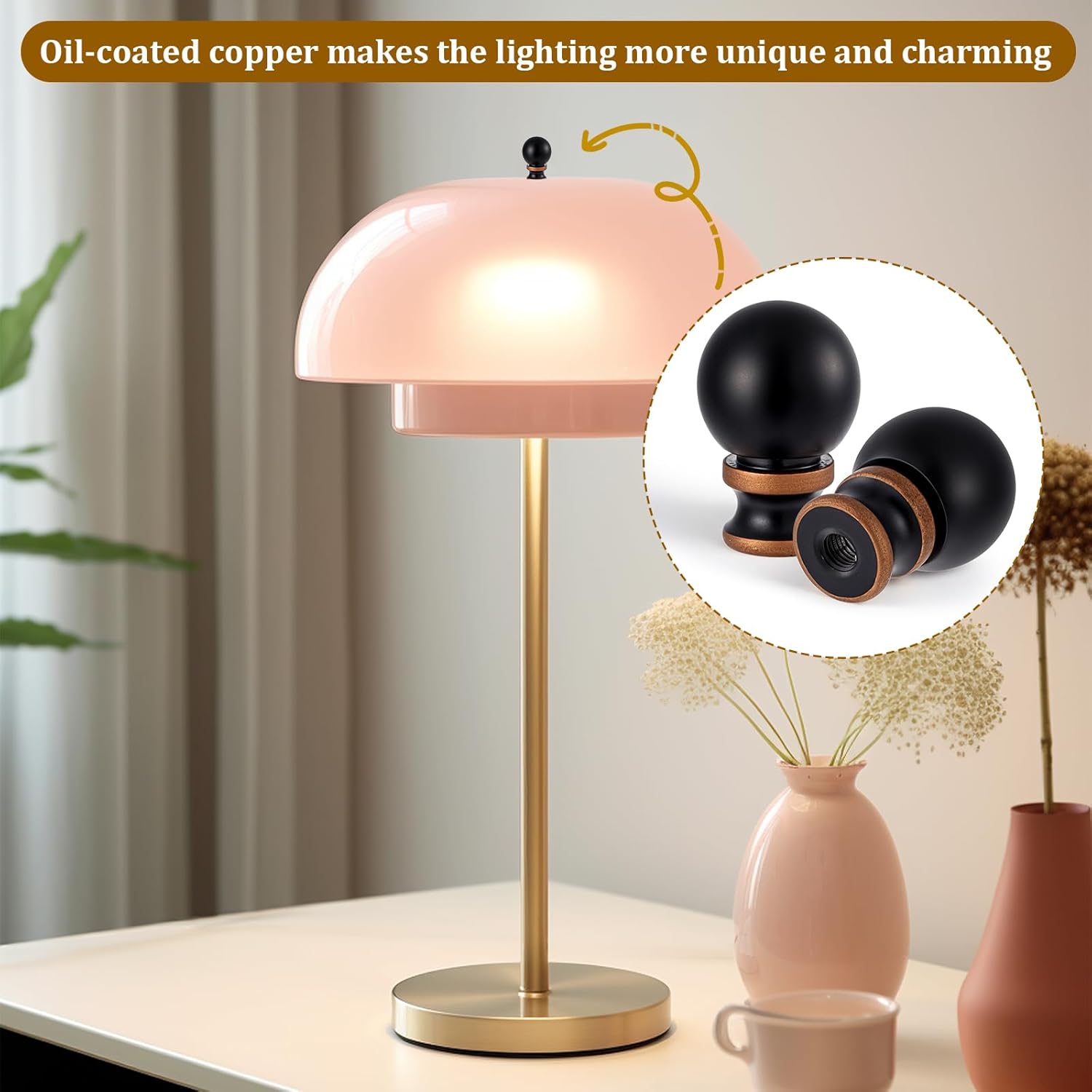 2 PCS Light Lamp Finials, Ball Lamp Finials Decorative Bronze Ball Knob Lamps Shade Top Screw Caps Black Lamps Shade Finial for Table Light Floor Lighting, 1-1/2 in High,1/4-28 in Base