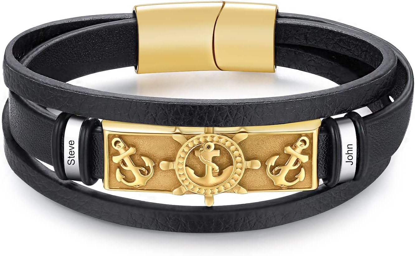 MissNaNa Personalized Leather Bracelet for Men Father Day Leather Bracelets Stainless Steel Bracelet Black Cuff Custom bracelets for Dad Boyfriend Husband