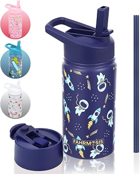 FAHRMOSIS 14 OZ Kids Water Bottle with Straw & 2 Lids Flip & Spout Leak Proof Metal Insulated Stainless Steel Reusable Tumbler for School & Sports Water Bottle - Black Space
