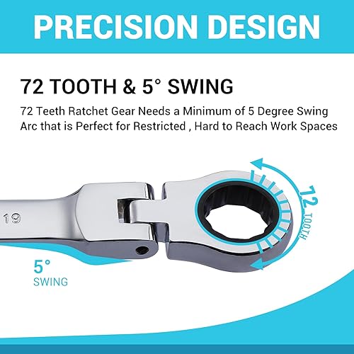 Miniatura 3 de B4B BANG 4 BUCK Llave combinada de trinquete de 0.748 in, llave de trinquete métrica de cabeza flexible con 72 dientes y 5 movimiento llave de