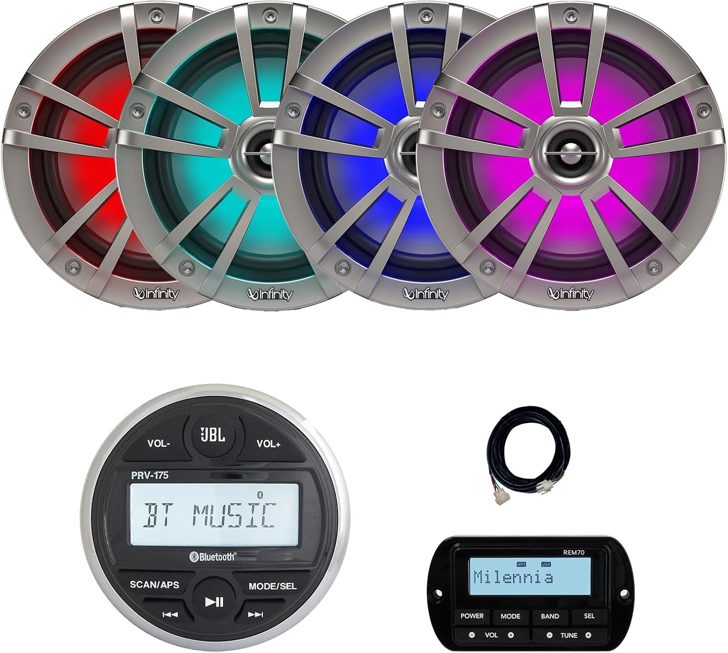 JBL PRV-175 Marine Gauge Hole Mount USB Bluetooth AM/FM Digital Stereo Receiver, Wired Remote & 20-foot Extension Cable Bundle Combo Two Pairs (QTY 4) Of 6.5" 225W Max Boat RGB LED White Speakers