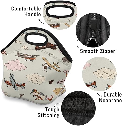 Miniatura 4 de bisibuy Bolsas de almuerzo de neopreno con cremallera retro para aviones, aisladas, pequeña, hielera, bolsa de almuerzo, bolsa de picnic de viaje,