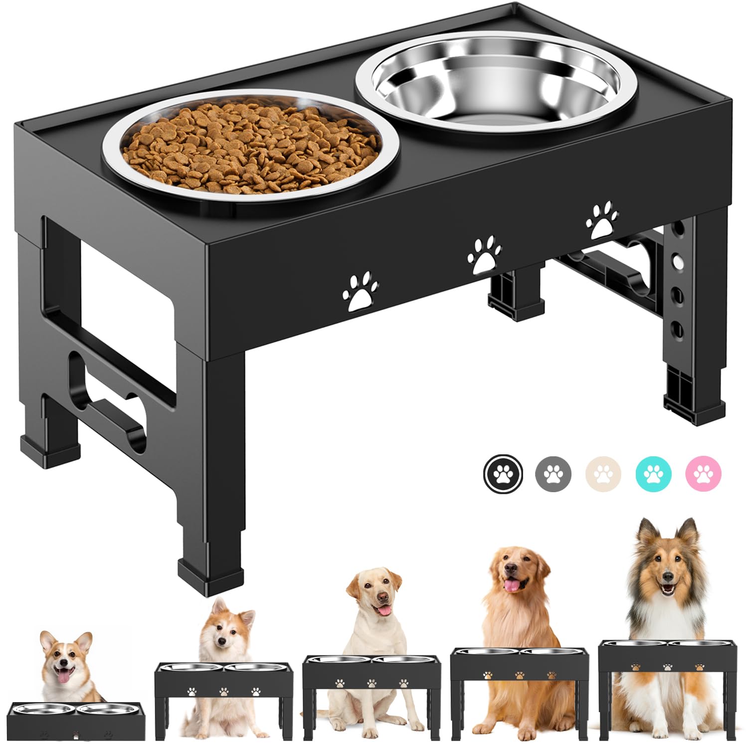 Elevated Dog Bowls with 2 Stainless Steel Bowls, Raised Dog Food Bowl Stand 5 Height Adjustable (3.1", 9", 10", 11", 12") Non-Slip Feeder Station Set for Medium and Large Dogs - Black