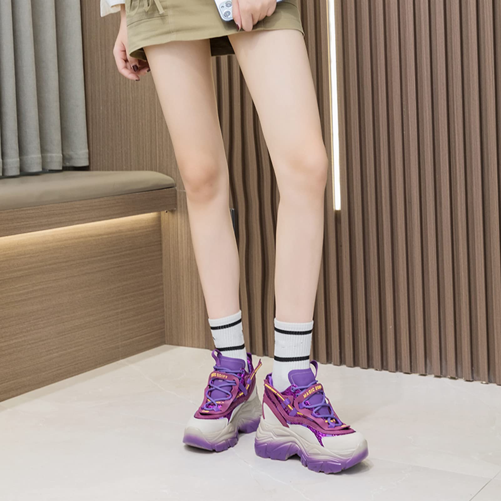 ANUFER Mujer Plataforma Alta Zapatillas Chunky Brillante Lentejuelas Moda Tacón de Cuña Zapatillas Deportivas
